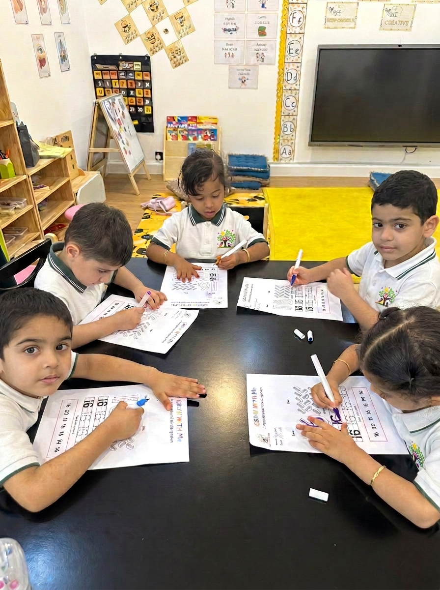 Children working together on number worksheets in our bright KG classroom