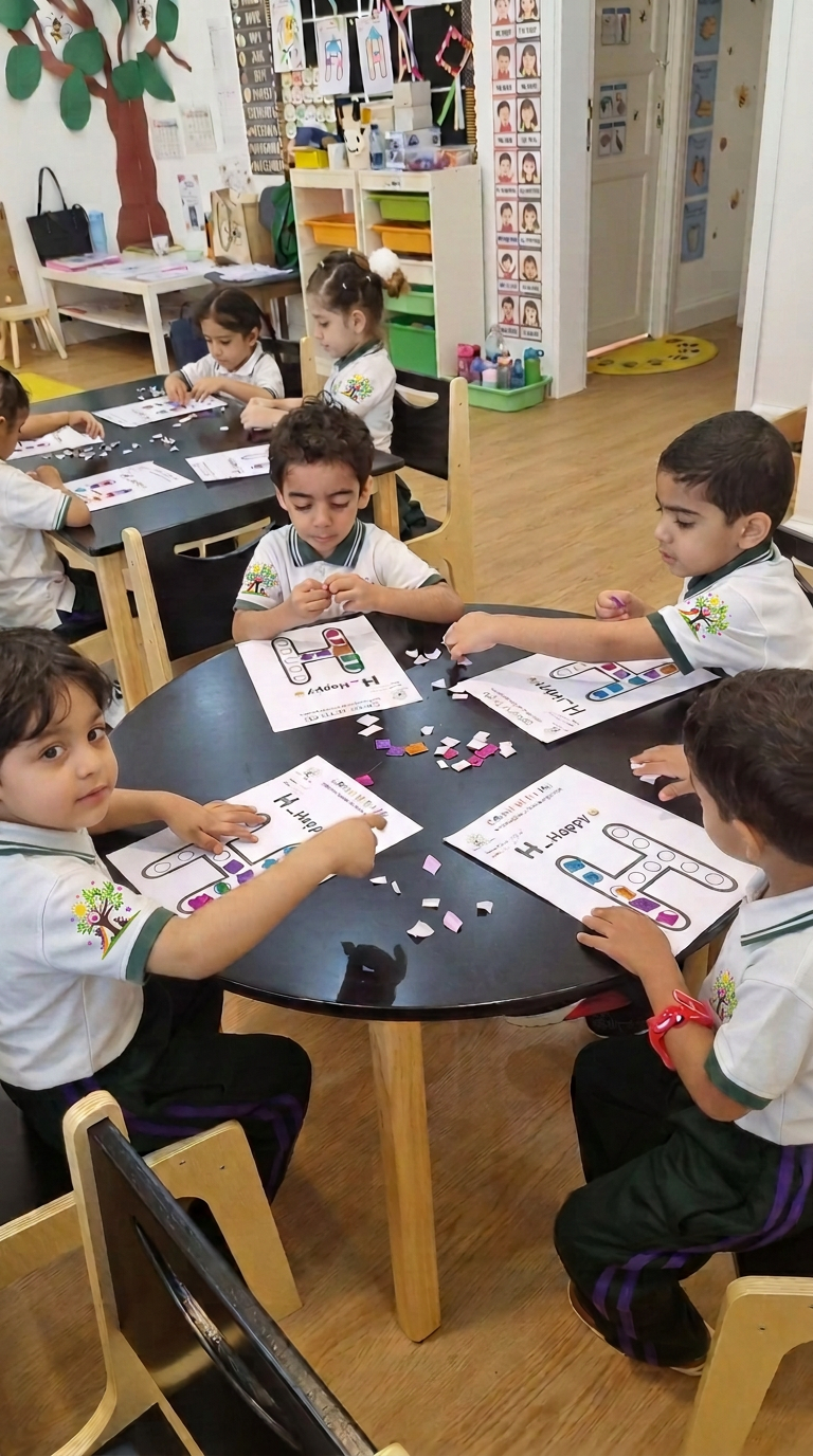 Children making a collage letter craft together