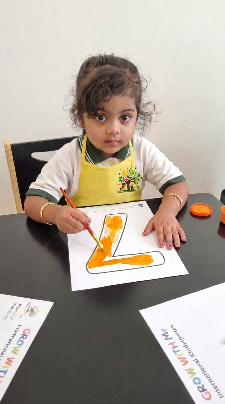 A child painting the letter L with bright orange paint