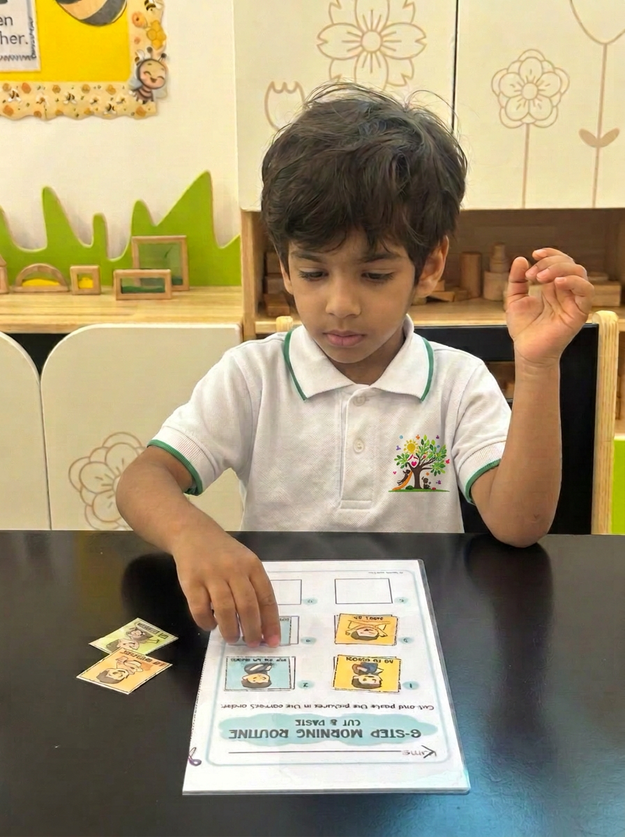 A child sequencing morning routine picture cards at a classroom table